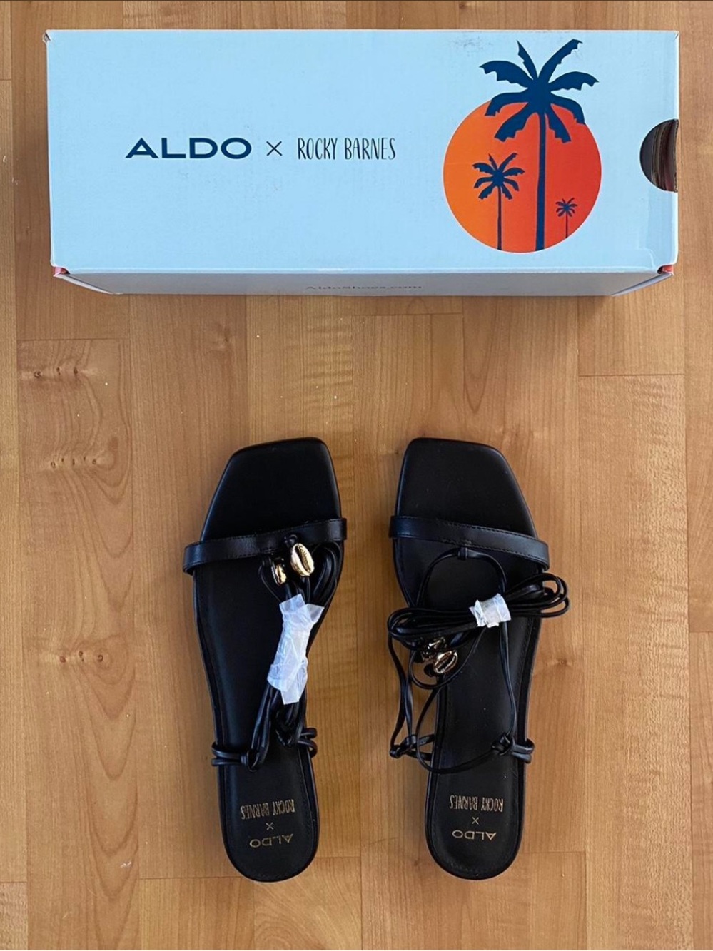 Aldo Black Lace-Up Square-Toe Sandals with Gold Accents